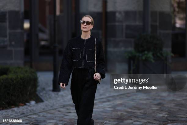 Marlies Pia Pfeifhofer seen wearing YSL brown sunglasses, H&M black boucle glitter blazer jacket, matching black boucle glitter wide leg pants, Louis...