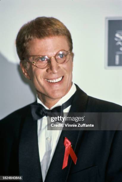 American actor Ted Danson, wearing a tuxedo and bow tie, in the press room of the 2nd Annual Screen Actors Guild Awards, held at the Santa Monica...