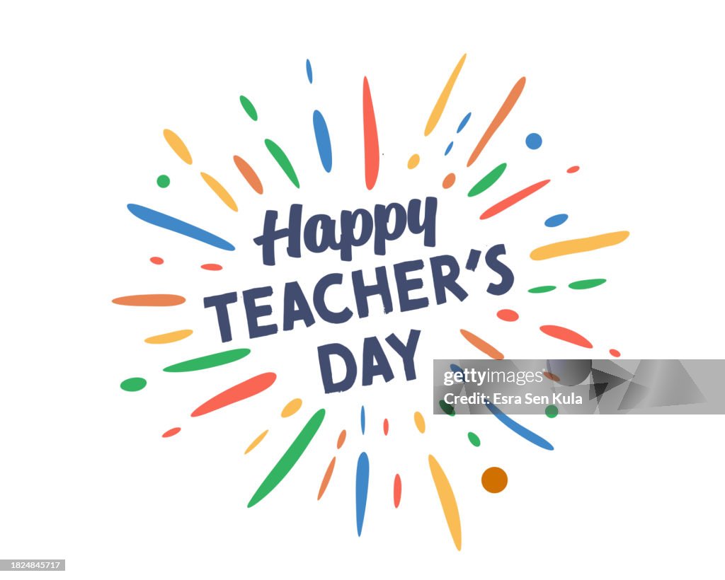 Texto del feliz día del maestro con ráfaga de fuegos artificiales vectoriales