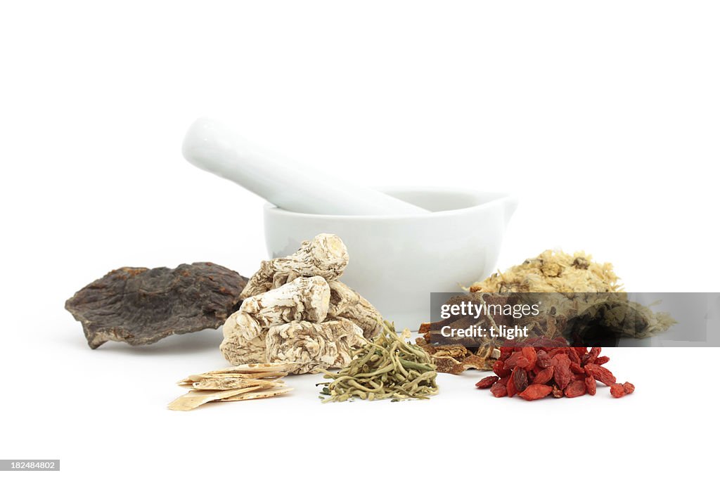 Chinese medical herbs and mortar