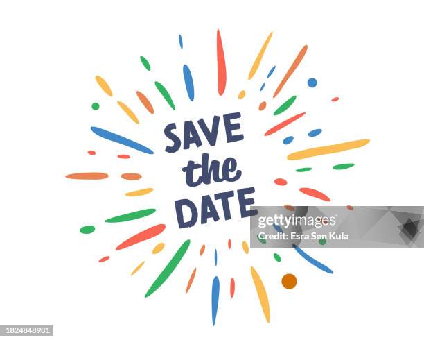 stockillustraties, clipart, cartoons en iconen met save the date text with vector firework burst - reserveren