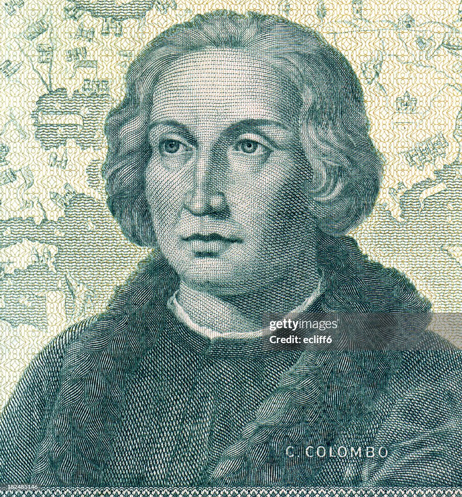 A greenish-black sketch of Christopher Columbus