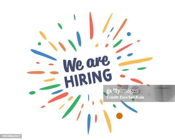 we are hiring text with vector firework burst - vintage office illustration stock illustrations