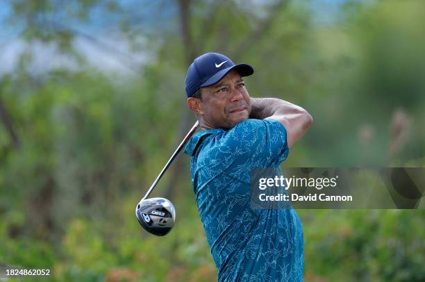 Tiger Woods of The United States plays his tee shot on the third hole during the second round of the Hero World Challenge at Albany Golf Course on...