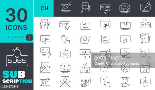 subscription icon set. 30 editable stroke vector graphic elements, business, newsletter, newspaper, reminder, notification icon, letter, bell, mail, message, the media - subscribe icon editable stroke stock illustrations