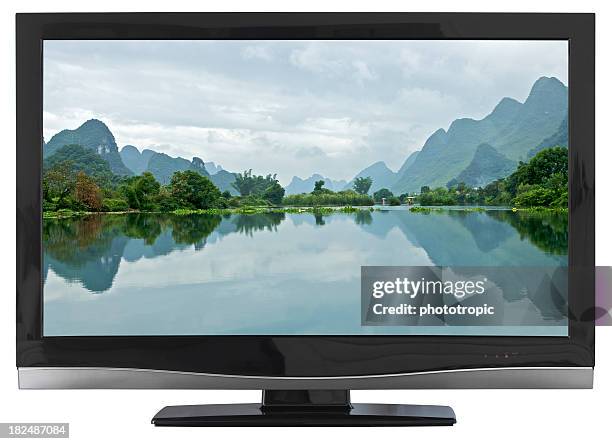 ハイビジョン tv 画面上の水の景観 - 液晶テレビ ストックフォトと画像