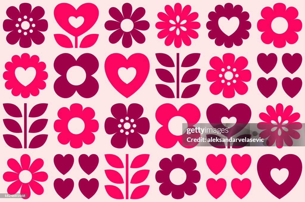 Seamless Pattern with Hearts and Flowers
