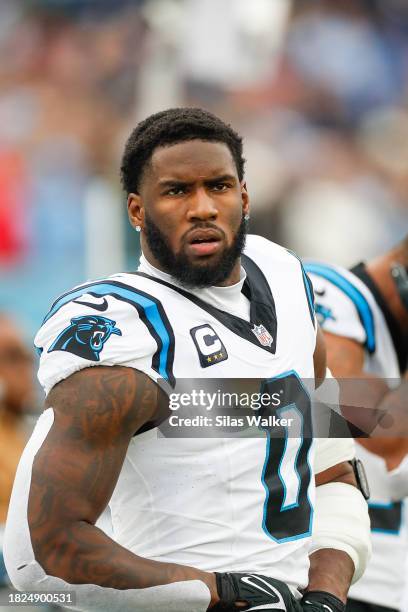 Brian Burns of the Carolina Panthers on the sidelines before facing the Tennessee Titans at Nissan Stadium on November 26, 2023 in Nashville,...