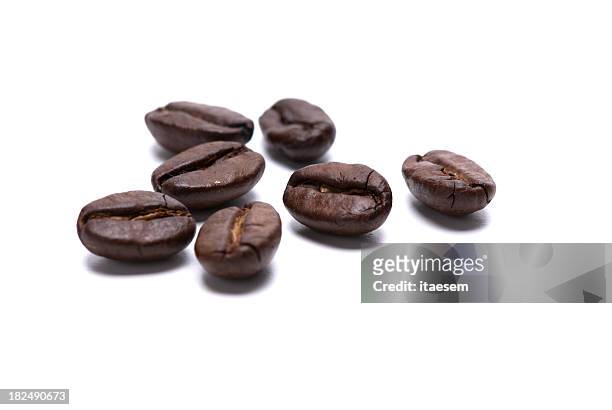 closeup photo of seven coffee beans on a white background - geroosterde koffieboon stockfoto's en -beelden