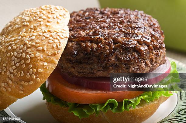una jugosa hamburguesa - pan-de-hamburguesa fotografías e imágenes de stock