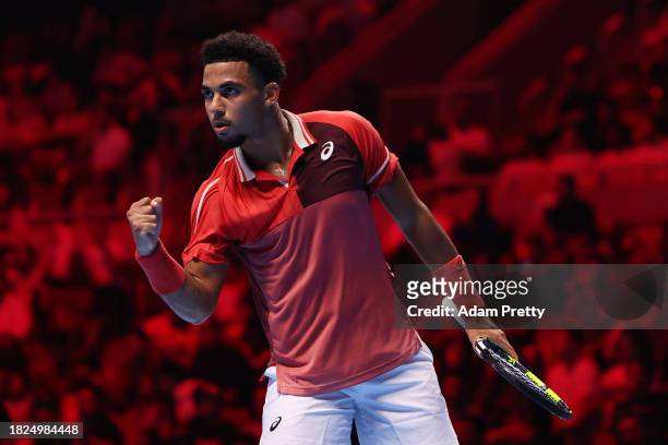 Arthur Fils celebrates after winning a point during day four of the Next Gen ATP Finals at King Abdullah Sports City on December 01, 2023 in Jeddah,...