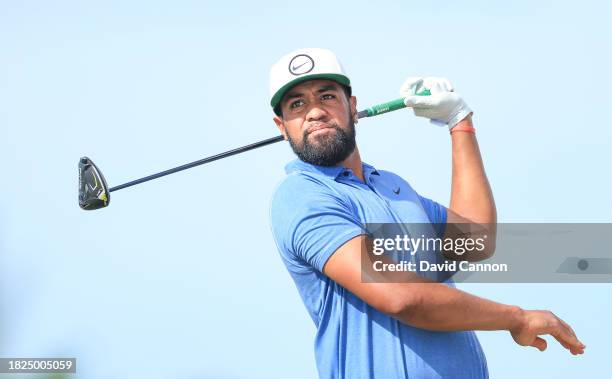 Tony Finau of The United States plays his tee shot on the fourth hole during the second round of the Hero World Challenge at Albany Golf Course on...