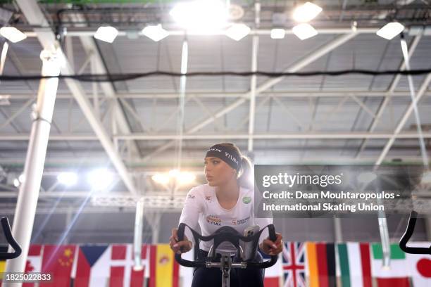 Jutta Leerdam of Netherlands warms up before she competes in the 1000m Women race on Day 1 of the ISU World Cup Speed Skating at Var Energi Arena...