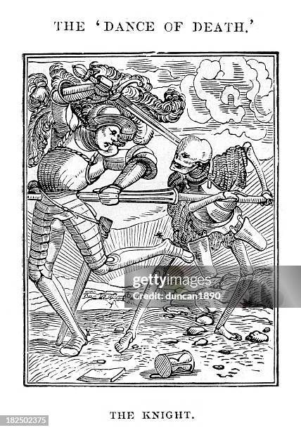 the knight - dance of death - etching stock illustrations