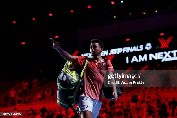 Arthur Fils gestures to the crowd during day four of the Next Gen ATP Finals at King Abdullah Sports City on December 01, 2023 in Jeddah, Saudi...