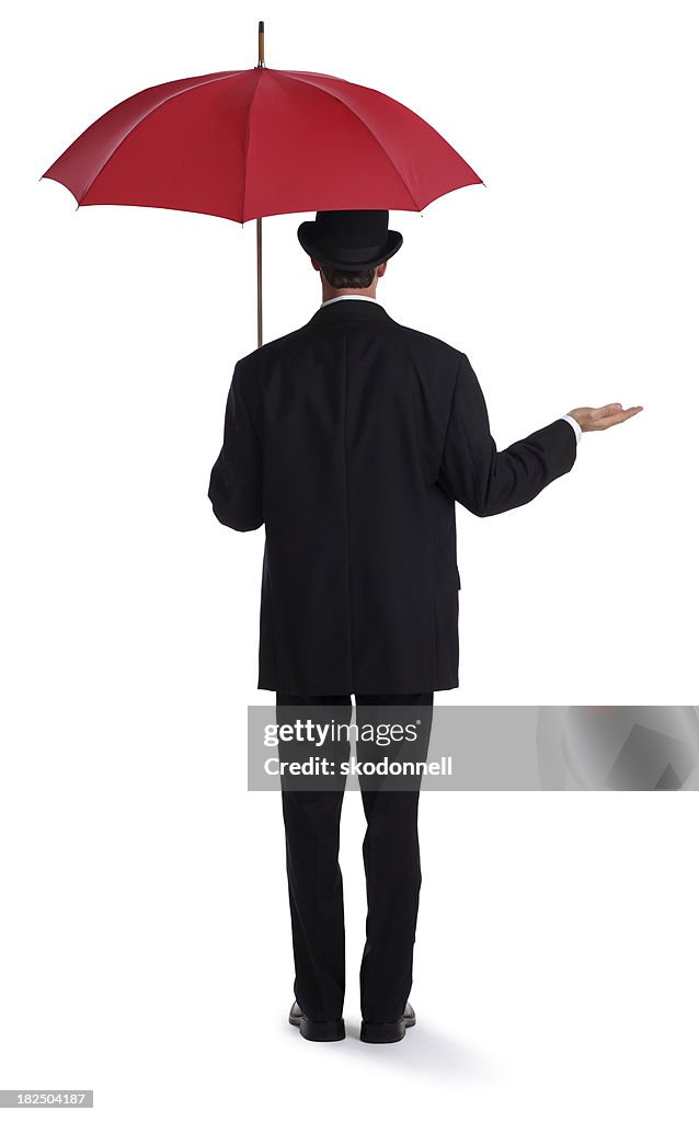 Businessman Holding a Red Umbrella