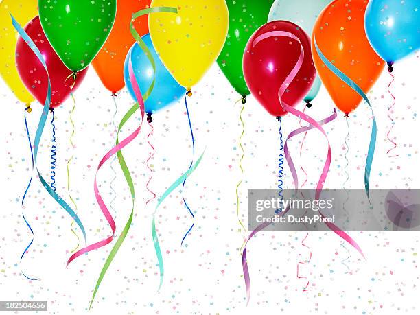 colorful balloons with confetti - streamer stock pictures, royalty-free photos & images