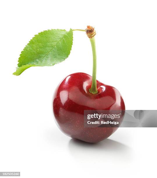 cherry single with leaf - cherries stockfoto's en -beelden