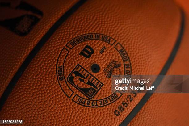 Detailed view of the Wilson NBA basketball with a New York Knicks logo during the In-Season Tournament against the Miami Heat at Madison Square...