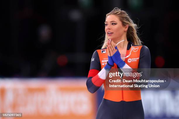 Jutta Leerdam of Netherlands celebrates after she competes and wins the 1000m Women race on Day 1 of the ISU World Cup Speed Skating at Var Energi...