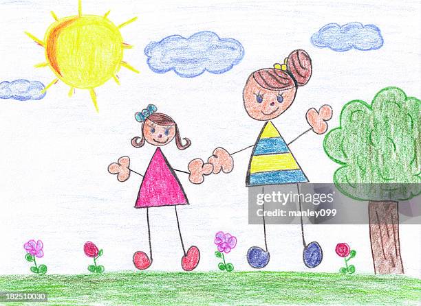 stockillustraties, clipart, cartoons en iconen met mom and daughter drawing outside - child art