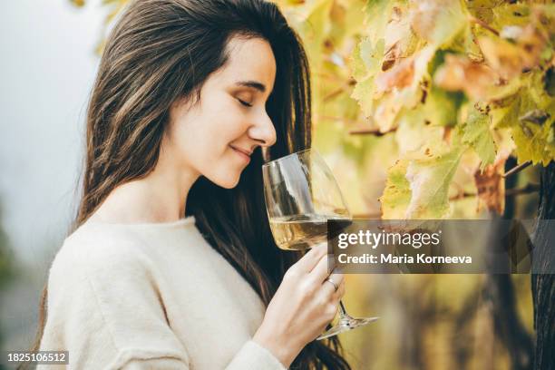 women taste wine in the autumn winery. - ボージョレーヌーボー ストックフォトと画像