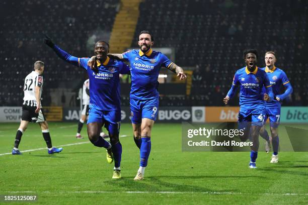 Ryan Bowman of Shrewsbury Town celebrates with Daniel Udoh of Shrewsbury Town after scoring the team's first goal during the Emirates FA Cup Second...