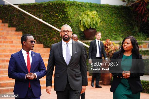Home Secretary James Cleverly at the Kigali Genocide Memorial during his visit to sign a new treaty with Rwanda on December 5, 2023 in Kigali,...