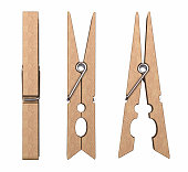 Three views of a wooden clothes pin with metal detailing