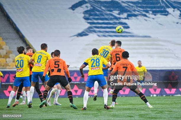 Players of FC Shakhtar Donetsk and FC Metalist 1925 Kharkiv are seen in action during the 2023/2024 Ukrainian Premier League 16th Round game at the...