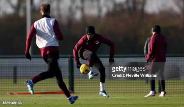 Jacob Ramsey of Aston Villa in action during training session at Bodymoor Heath training ground on December 01, 2023 in Birmingham, England.
