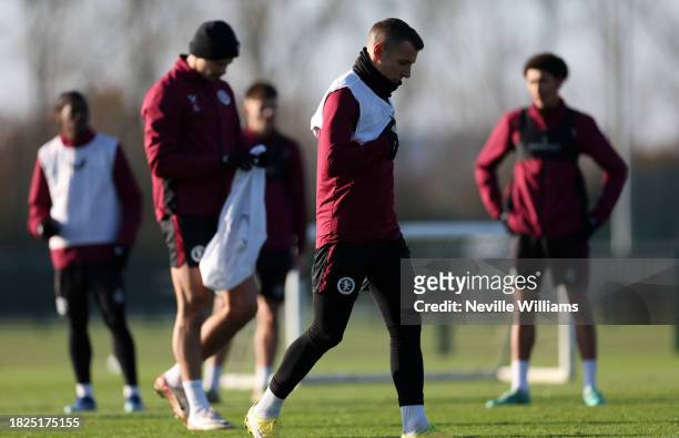 Lucas Digne of Aston Villa in action during training session at Bodymoor Heath training ground on December 01, 2023 in Birmingham, England.