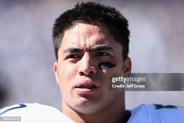 Inside linebacker Manti Te'o of the San Diego Chargers looks on against the Dallas Cowboys at Qualcomm Stadium on September 29, 2013 in San Diego,...