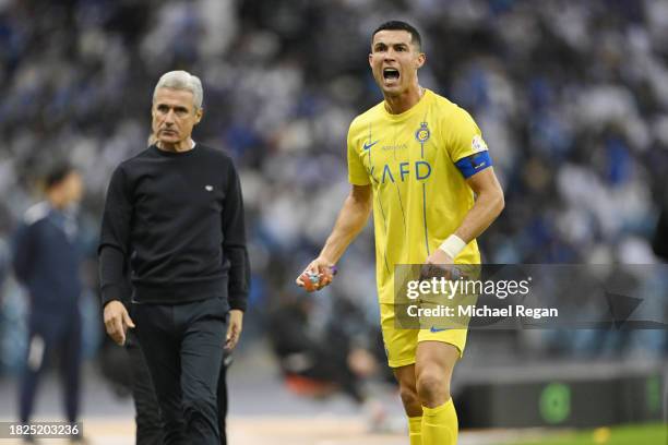 Cristiano Ronaldo of Al-Nassr and Al-Nassr manager Luis Castro complain to the linesman after a disallowed goal during the Saudi Pro League match...