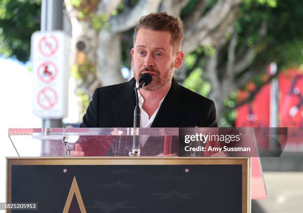 Macaulay Culkin speaks onstage during the ceremony honoring Macaulay Culkin with a Star on the Hollywood Walk of Fame on December 01, 2023 in...