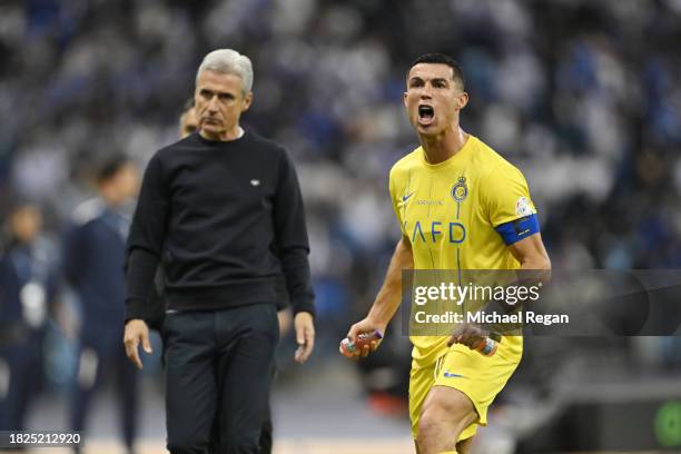 Cristiano Ronaldo of Al-Nassr and Al-Nassr manager Luis Castro complain to the linesman after a disallowed goal during the Saudi Pro League match...