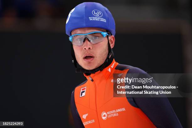 Marcel Bosker of Netherlands celebrates after he competes and wins the Mass Start Men race on Day 1 of the ISU World Cup Speed Skating at Var Energi...