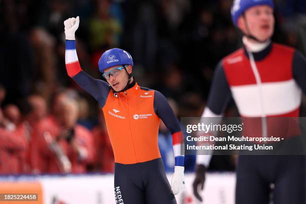 Marcel Bosker of Netherlands celebrates after he competes and wins the Mass Start Men race on Day 1 of the ISU World Cup Speed Skating at Var Energi...