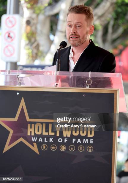 Macaulay Culkin speaks onstage during the ceremony honoring Macaulay Culkin with a Star on the Hollywood Walk of Fame on December 01, 2023 in...