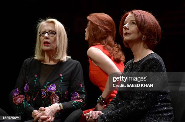 Australia's former prime minister Julia Gillard talks with author Anne Summers prior to a televised interview at the Sydney Opera House on September...