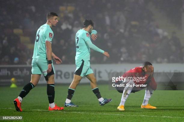 Lenell John-Lewis of York City reacts after a missed chance during the Emirates FA Cup Second Round match between York City and Wigan Athletic at...