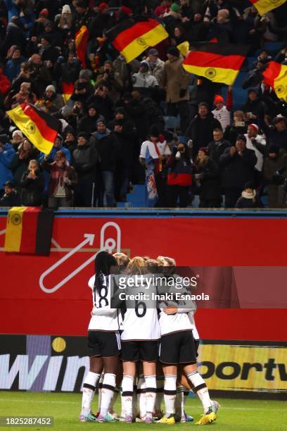 Germany's squad celebrate their goal to set the score 3-0 during the UEFA Womens Nations League match between Germany and Denmark at Ostseestadion on...