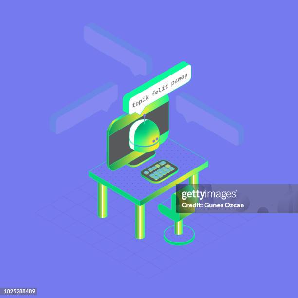 ilustraciones, imágenes clip art, dibujos animados e iconos de stock de computadora de escritorio isométrica - burbujas de diálogo de chatbot - aviso de ia - dispositivo de comunicación en el escritorio - chatea con ia - asistencia de inteligencia artificial en la vida real - solución de oficina en casa inteligente - recon - easily accessible icon