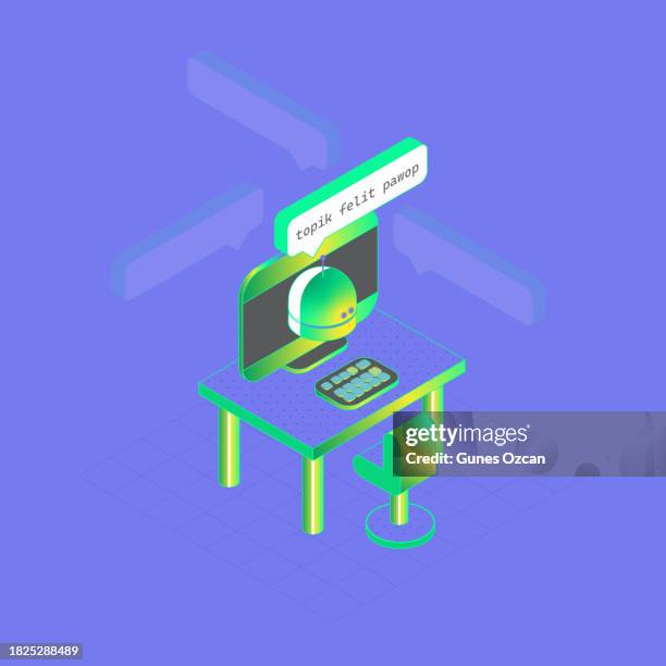 isometric desktop computer - chatbot speech bubbles - a.i. prompt - communication device on desk - chat with ai - artificial intelligence assistance in real life - smart home office solution - speech recognition - voice command - talking to a robot - real life stock illustrations