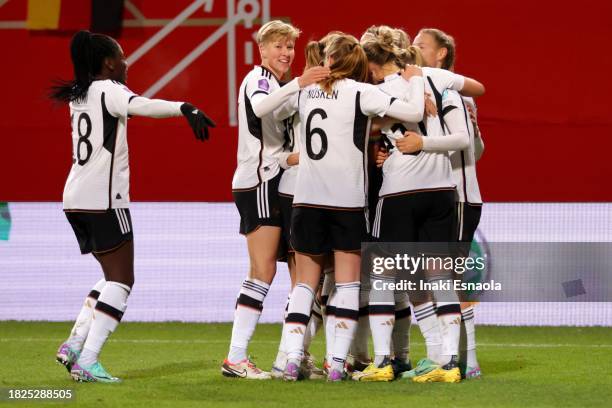 Germany's squad celebrate their goal to set the score 3-0 during the UEFA Womens Nations League match between Germany and Denmark at Ostseestadion on...