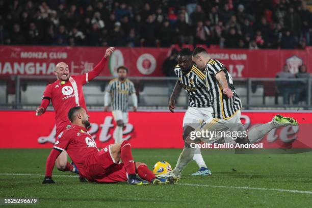 Federico Gatti of Juventus scores the team's second goal during the Serie A TIM match between AC Monza and Juventus at U-Power Stadium on December...