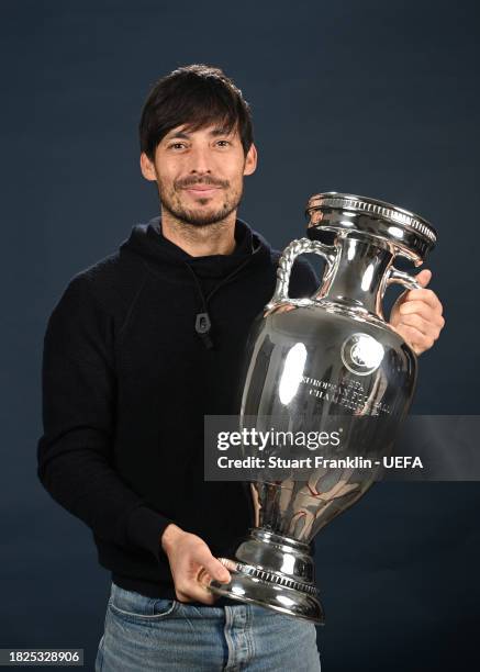 Guest David Silva of Spain poses for a picture ahead of the UEFA EURO 2024 Final Tournament Draw at the Atlantic hotel on December 01, 2023 in...