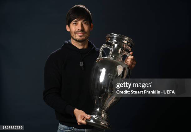 Guest David Silva of Spain poses for a picture ahead of the UEFA EURO 2024 Final Tournament Draw at the Atlantic hotel on December 01, 2023 in...