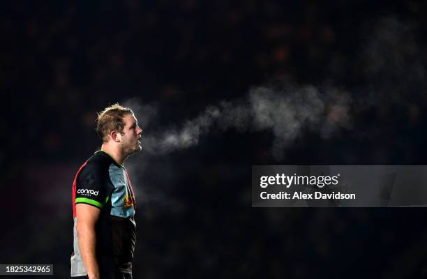 Joe Launchbury of Harlequins looks on during the Gallagher Premiership Rugby match between Harlequins and Sale Sharks at The Stoop on December 01,...