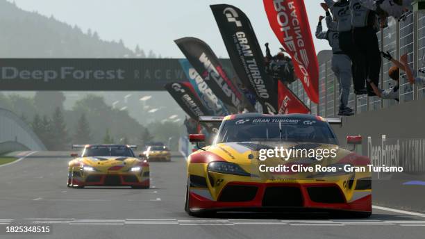 Jose Serrano takes the chequered flag during the Toyota Gazoo Racing GT Cup Semi-Final in the Gran Turismo World Series Finals at Fira de Barcelona...